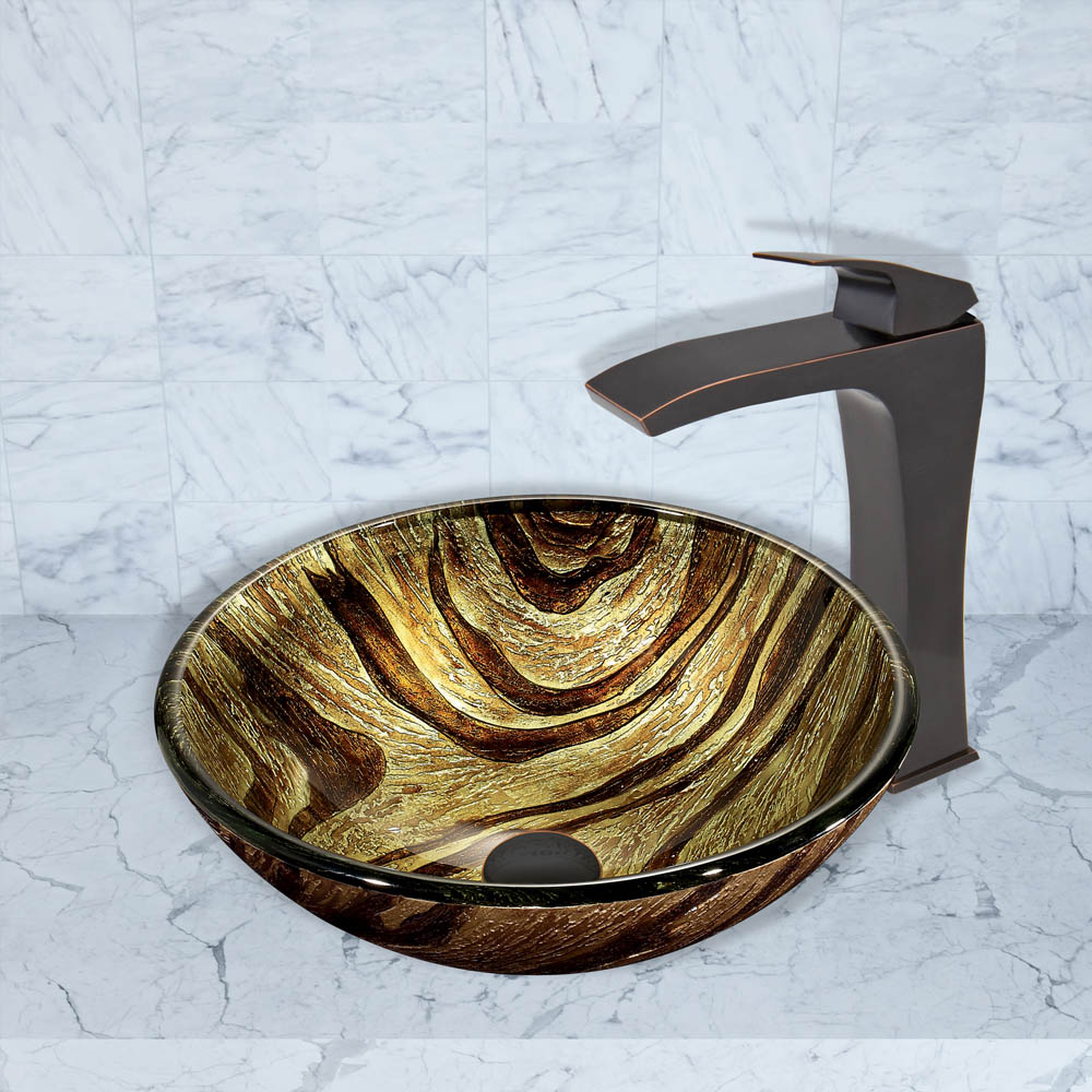 vigo zebra glass vessel sink and blackstonian faucet set in antique rubbed bronze finish