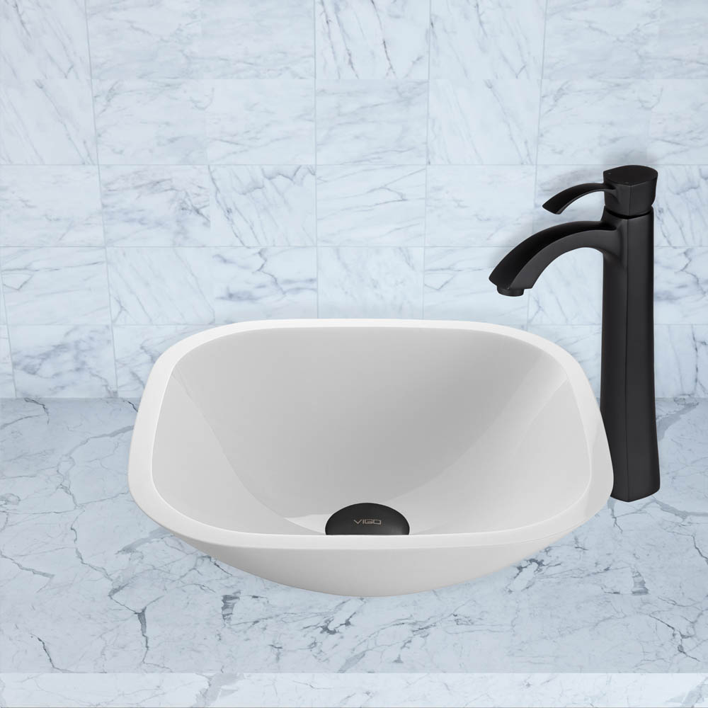 vigo square shaped white phoenix stone vessel sink and otis faucet set in matte black finish