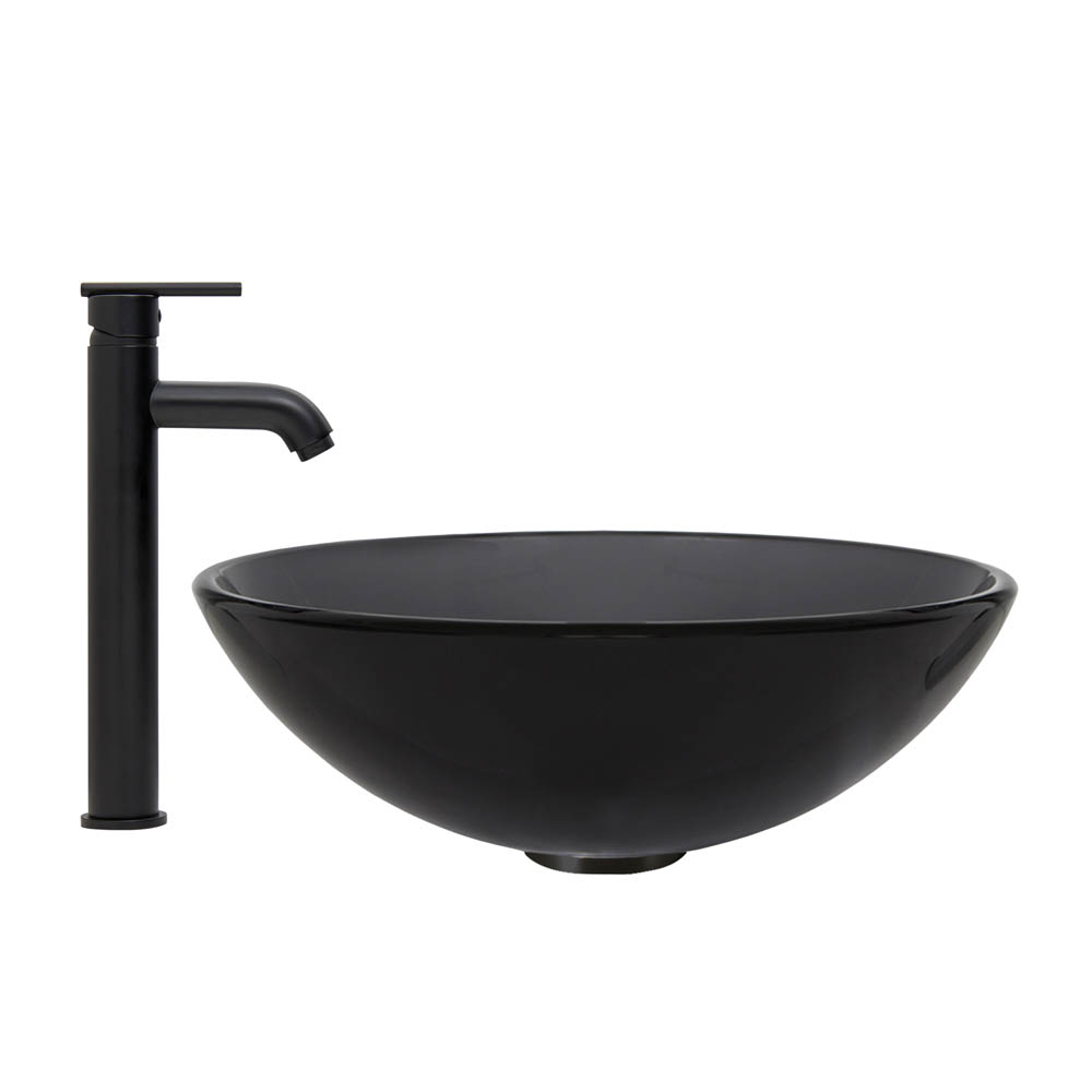 vigo sheer black glass vessel sink and seville faucet set in matte black finish