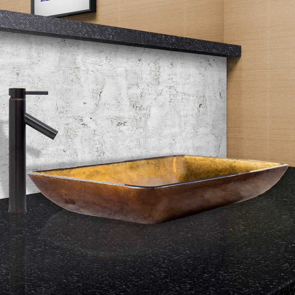 vigo rectangular copper glass vessel sink and dior faucet set in antique rubbed bronze finish