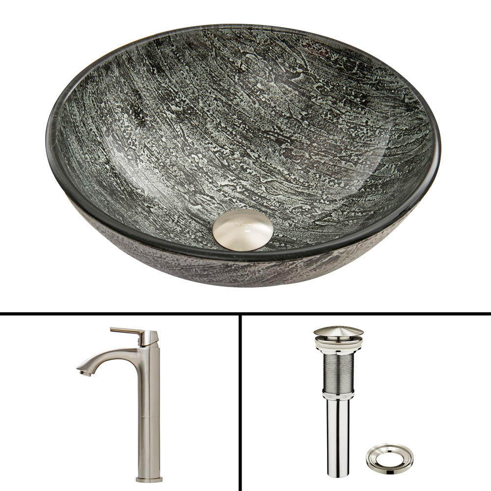 vigo titanium glass vessel sink and linus faucet set in brushed nickel finish