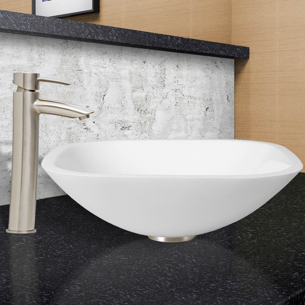 vigo square shaped white phoenix stone vessel sink and blackstonian faucet set in brushed nickel finish