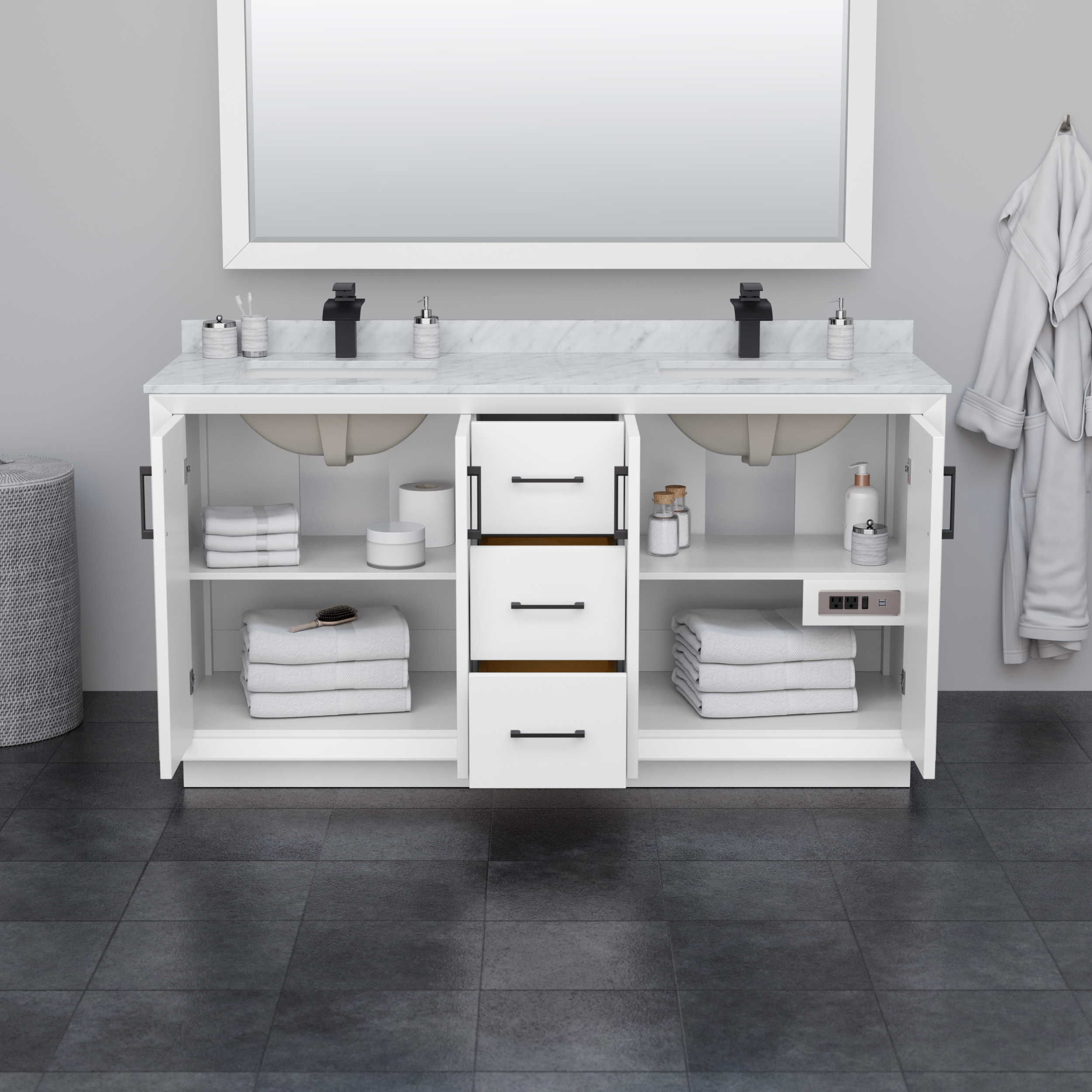 strada 66" double vanity with optional quartz or carrara marble counter - white