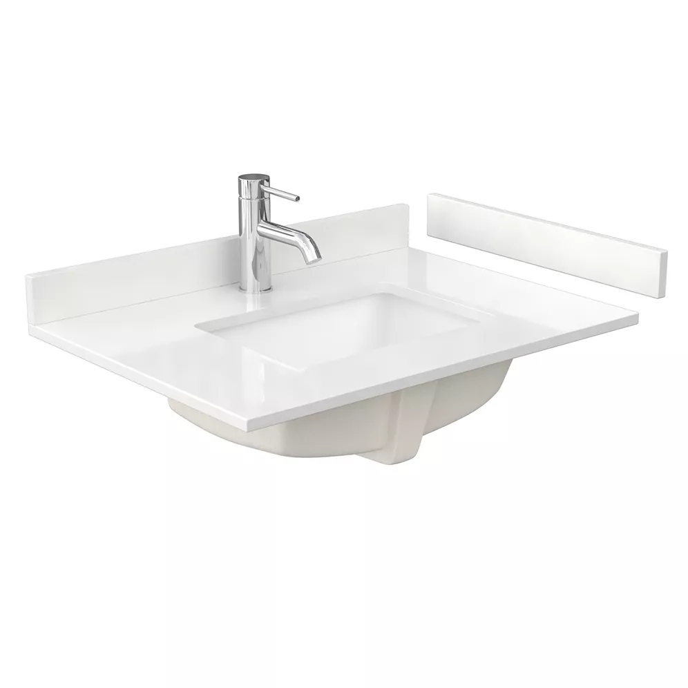 30" single countertop - white quartz (1000) with undermount square sink (1-hole) - includes backsplash and sidesplash