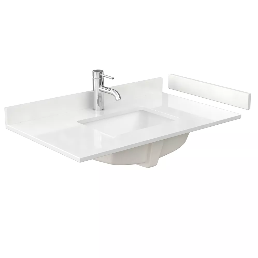 36" single countertop - white quartz (1000) with undermount square sink (1-hole) - includes backsplash and sidesplash