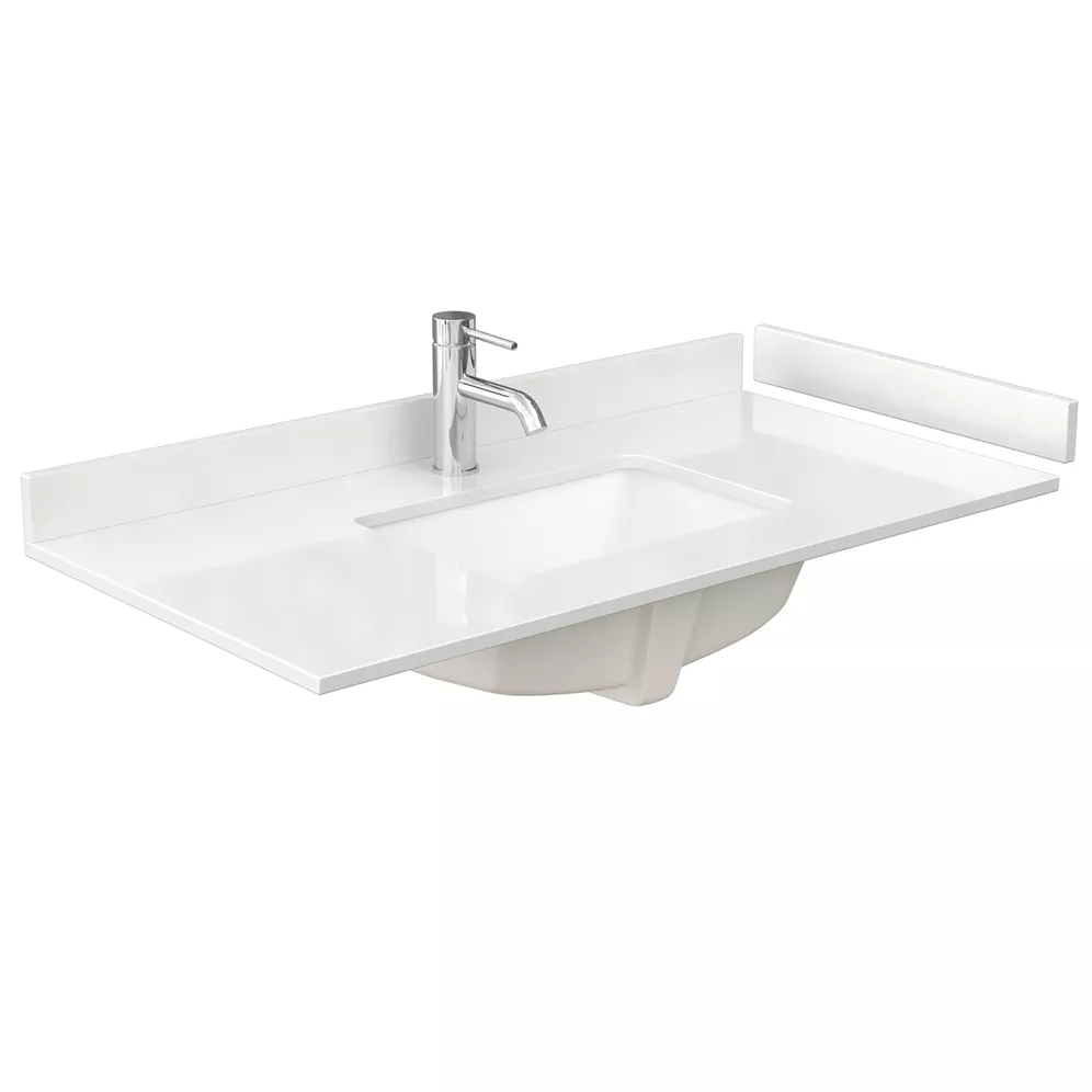 42" single countertop - white quartz (1000) with undermount square sink (1-hole) - includes backsplash and sidesplash