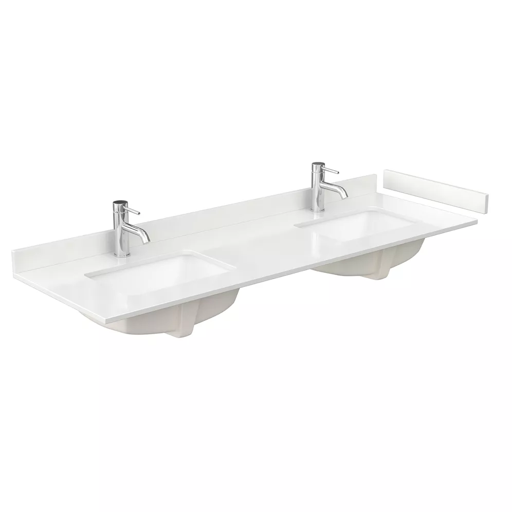 66" double countertop - white quartz (1000) with undermount square sinks (1-hole) - includes backsplash and sidesplash