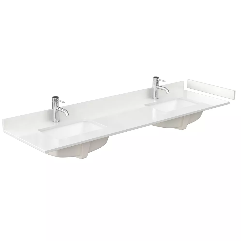 72" double countertop - white quartz (1000) with undermount square sinks (1-hole) - includes backsplash and sidesplash