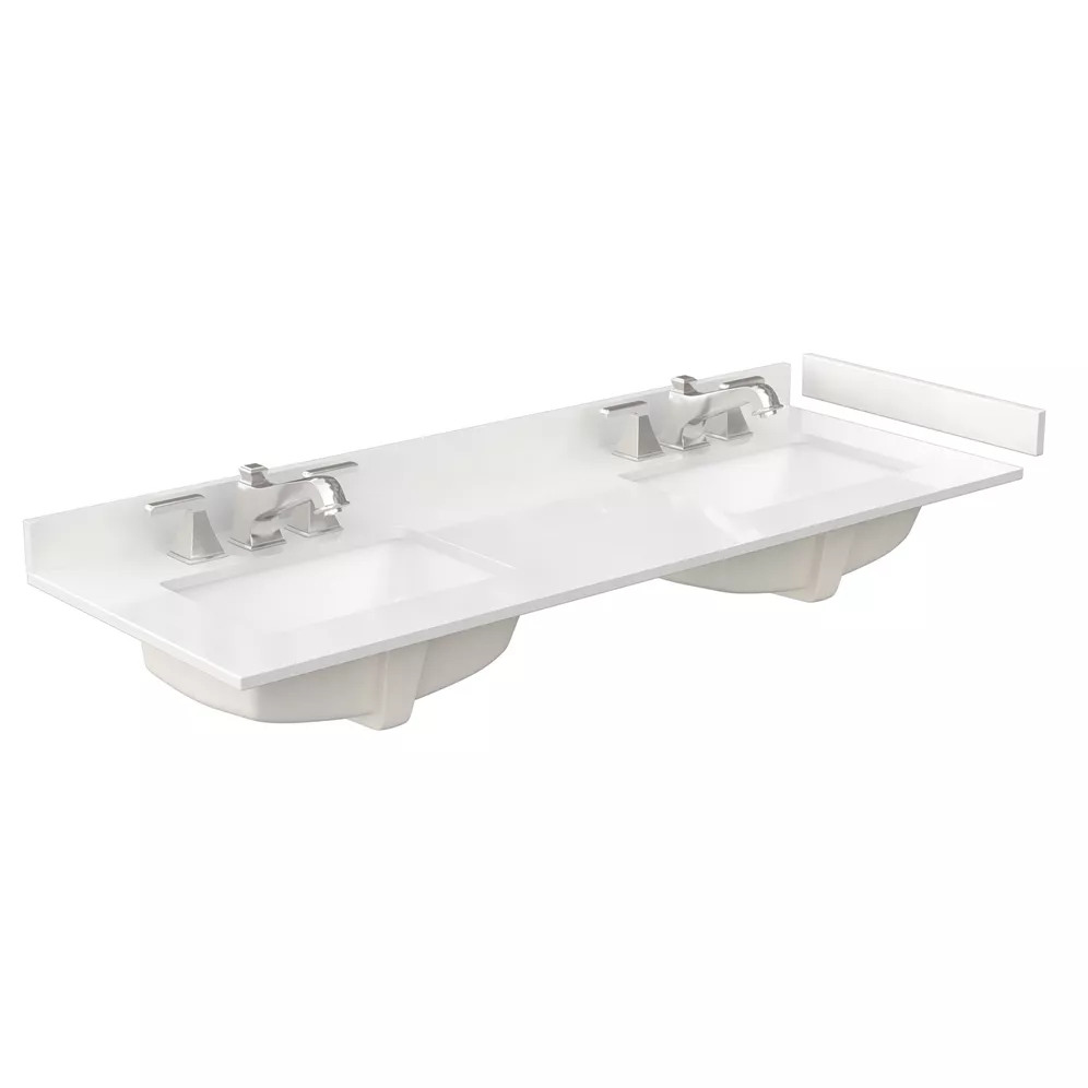 60" double countertop - white quartz (1000) with undermount square sinks (3-hole) - includes backsplash and sidesplash