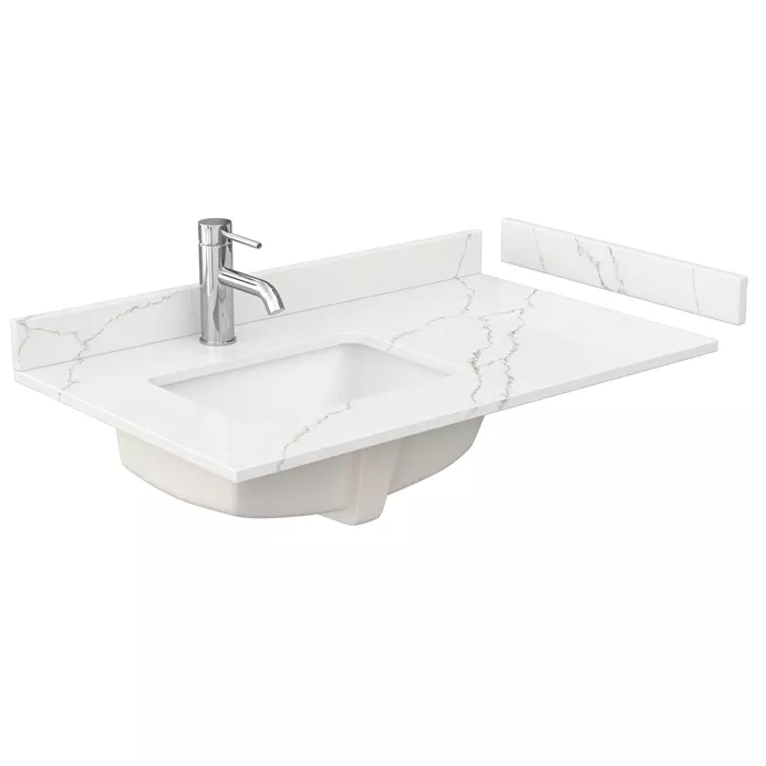 36" Single Countertop - Giotto Quartz (8066) with Undermount Square Sink (1-Hole), Offset to Left - Includes Backsplash and Sidesplash WCFQCB36STOPUNSGT