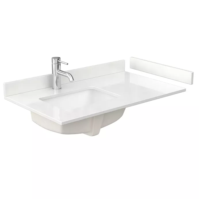 36" Single Countertop - White Quartz (1000) with Undermount Square Sink (1-Hole), Offset to Left - Includes Backsplash and Sidesplash WCFQCB36STOPUNSWQ
