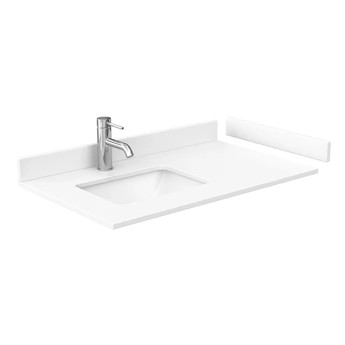 36" Single Countertop - White Cultured Marble with Undermount Square Sink (Offset, Left) - Include Backsplash and Sidesplash WC-VCA-36-SGL-TOP-UMSQ-WHC