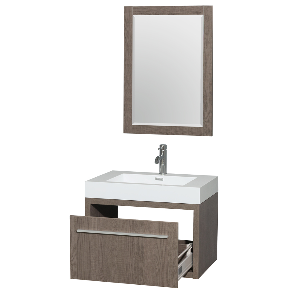 axa 30 in. single bathroom vanity in gray oak, acrylic resin countertop, integrated sink, and 24 in. mirror