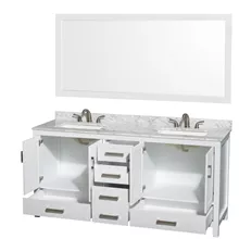 sheffield 72" double bathroom vanity in white with white carrara marble countertop, undermount square sinks (3 hole), and 70" mirror